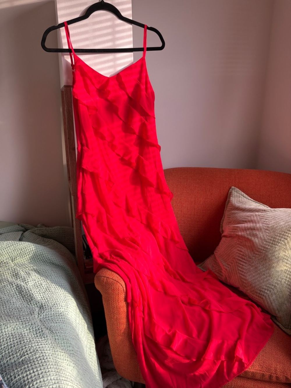 Red Floor Length Gown with Ruffles